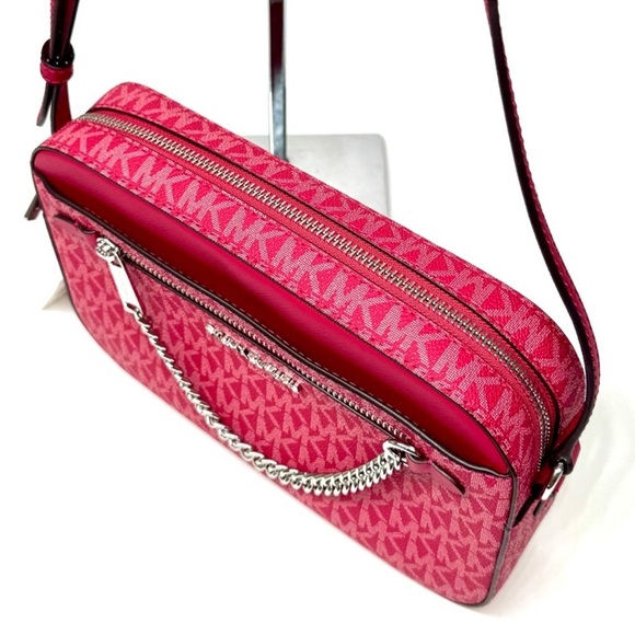 Michael Kors Large Jet Set Large Signature Logo Crossbody Bag - Dark Raspberry - Picture 6 of 10